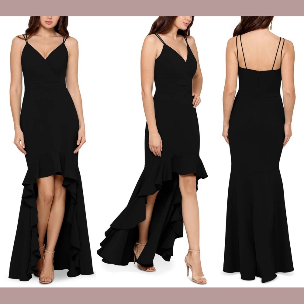 NWT Xscape V-Neck High-Low Flounce Gown in Black‎ [SZ 10 ]